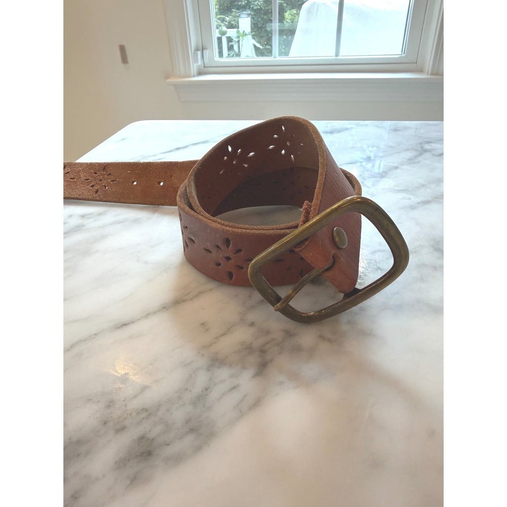 Aeropostale Womens Brown Leather Belt Perforated Floral Small Brass Buckle